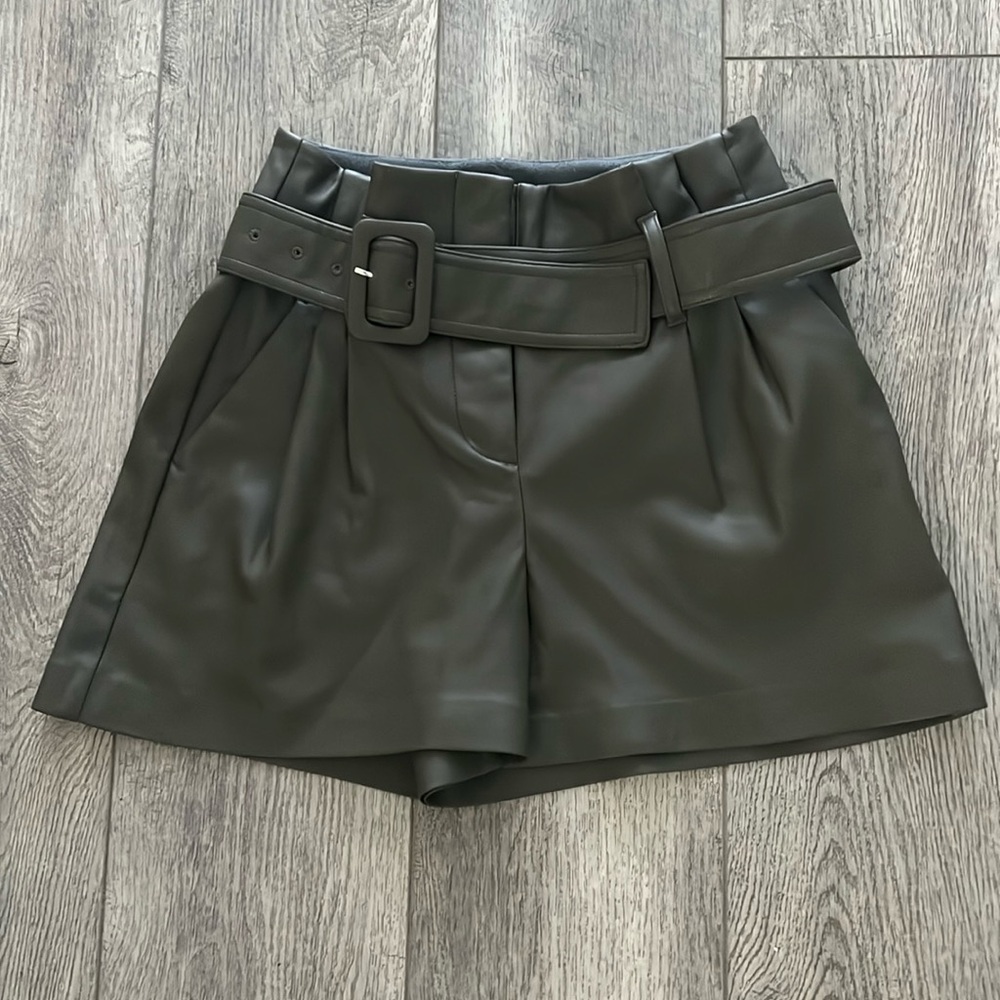 Faux leather dark green belted Express shorts